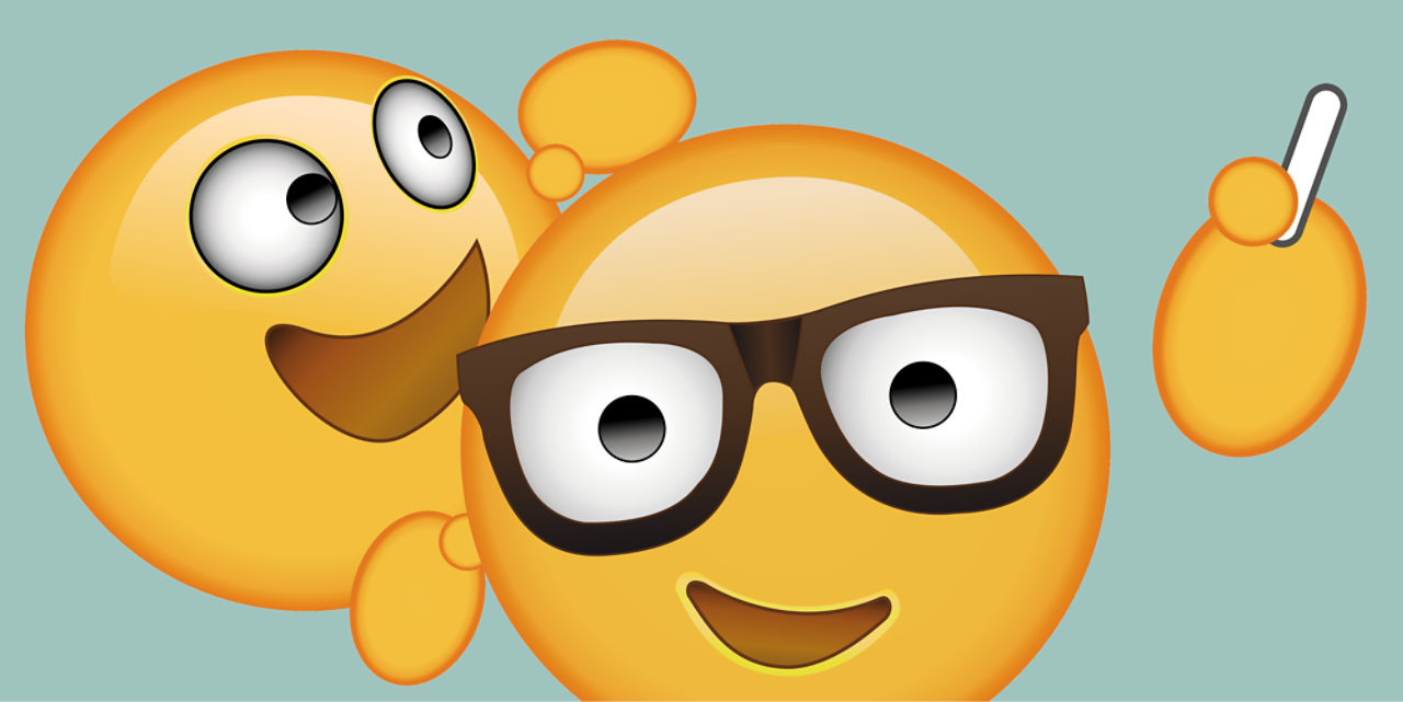 Zwei farbenfrohe Emojis: Lehrer-Emoji mit Brille und Schüler Emoji