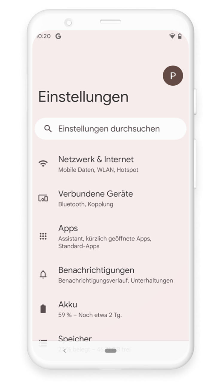 Auf dem Smartphone wurde die Übersicht der Einstellungen geöffnet. Das Menu zeigt die verschiedenen Unterpunkte.