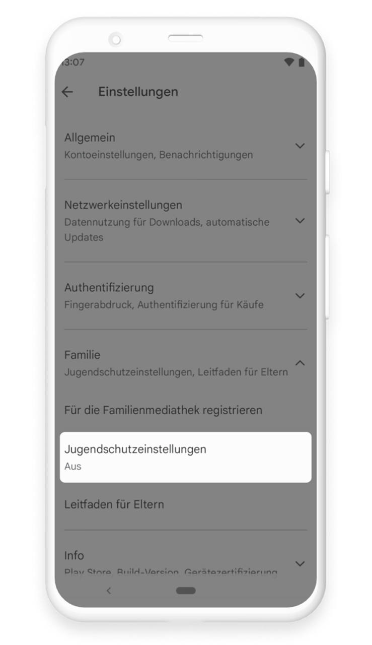 Anleitung - Google Play Store Einstellungen mit hervorgehobener Jugendschutzeinstellungen