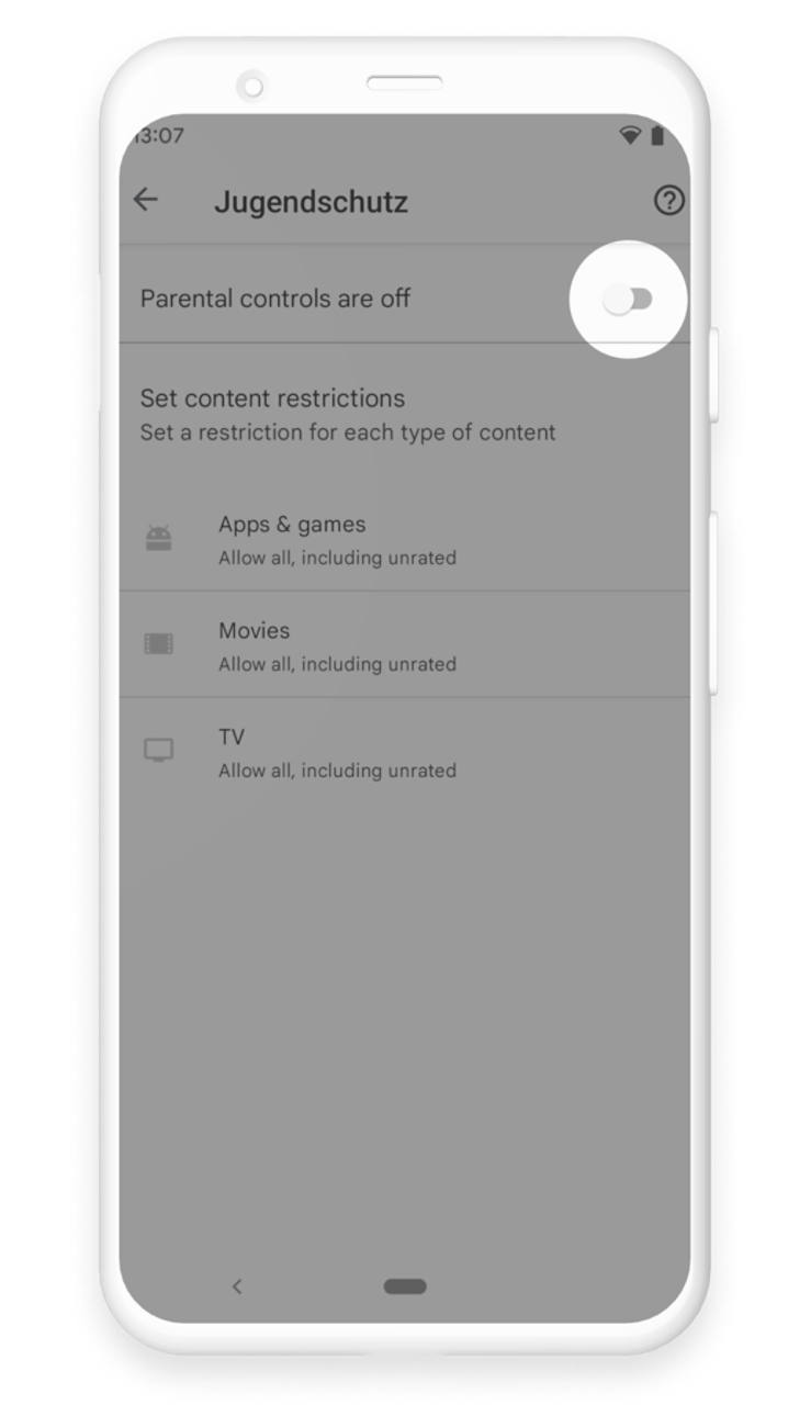 Anleitung - Google Play Store Jugendschutzeinstellungen mit hervorgehobener Aktivierungsregler