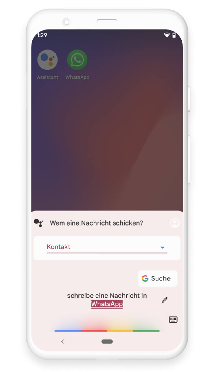 Dem Google Assistant wurde der Befehl "schreibe eine Nachricht in WhatsApp" gegeben, er antwortet mit "Wem eine Nachricht schicken?". Darunter wird ein Feld angezeigt, in dem nun der Name des Empfängers angegeben werden kann.