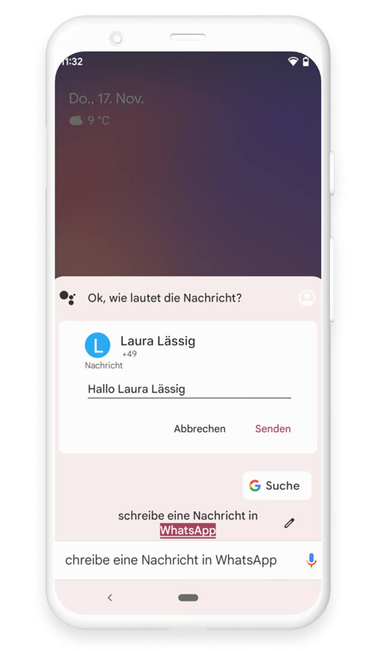 Der Google Assistant schreibt die gesprochene Nachricht aus, dann kann zwischen "Abbrechen" und "Senden" gewählt werden.