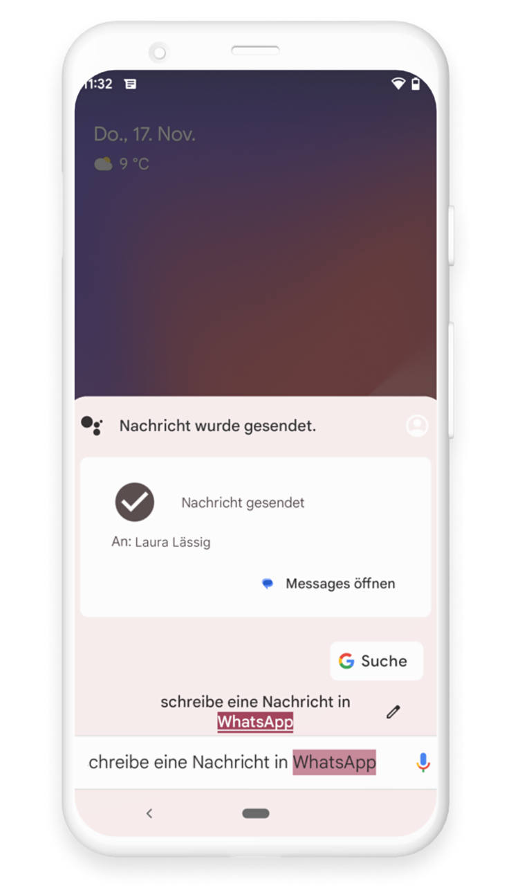 Der Google Assistant zeigt an, dass die Nachricht gesendet wurde.