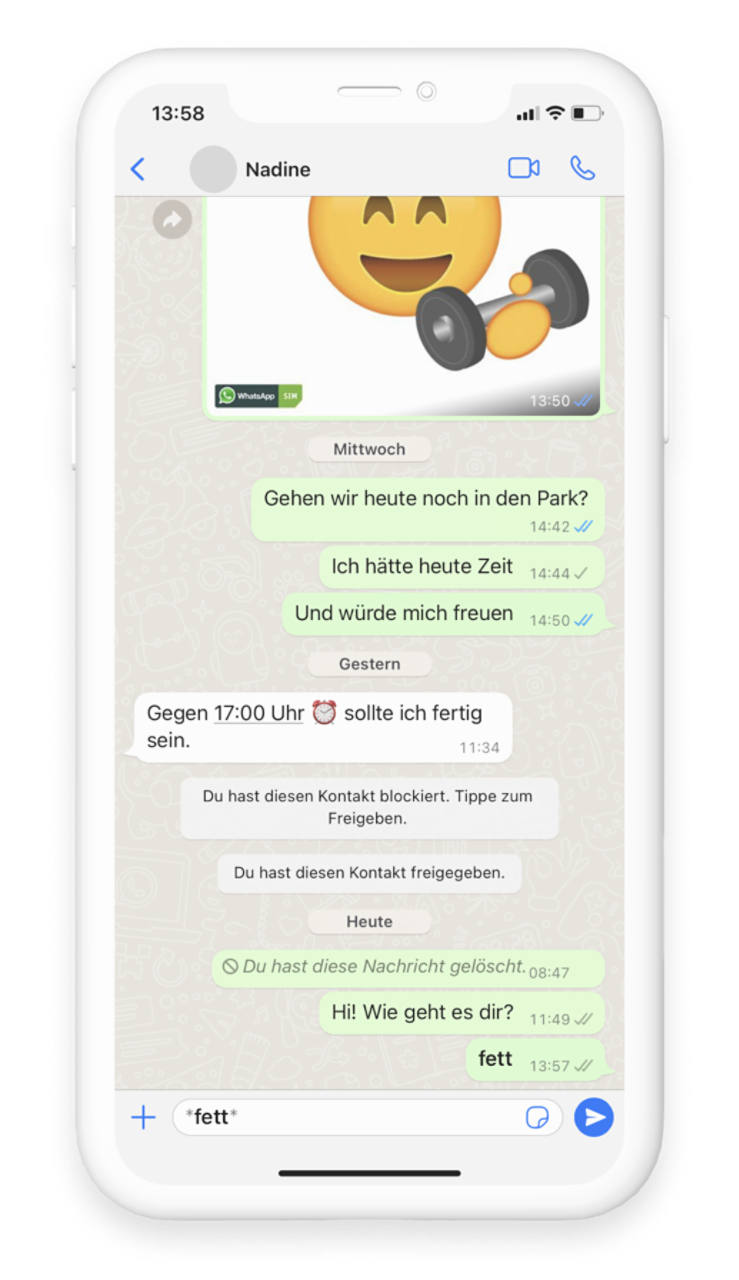 Ein Screenshot eines WhatsApp Chats, im Eingabefeld wurde "*fett*" geschrieben.