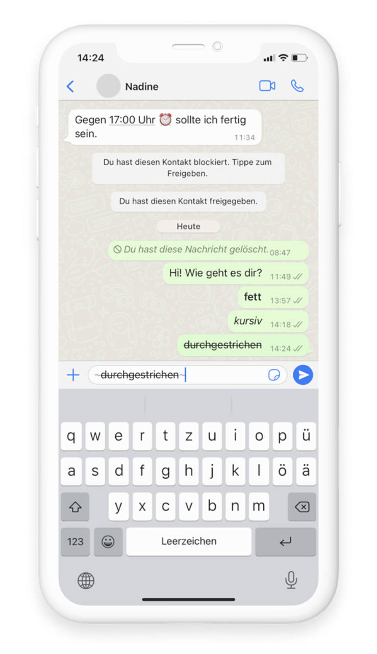 Ein Screenshot eines WhatsApp Chats, im Eingabefeld wurde "~durchgestrichen~" geschrieben.