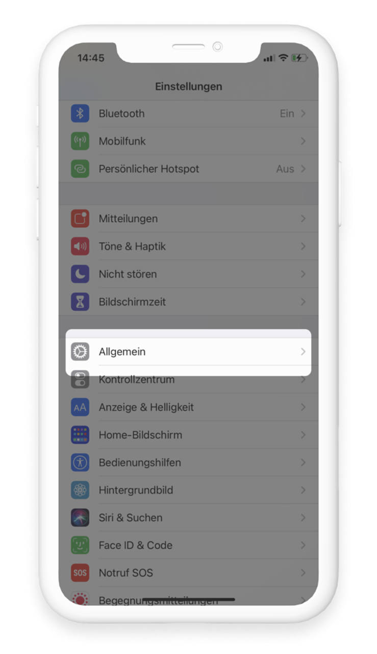 In den Smartphone-Einstellungen ist der Punkt "Allgemein" hervorgehoben.,