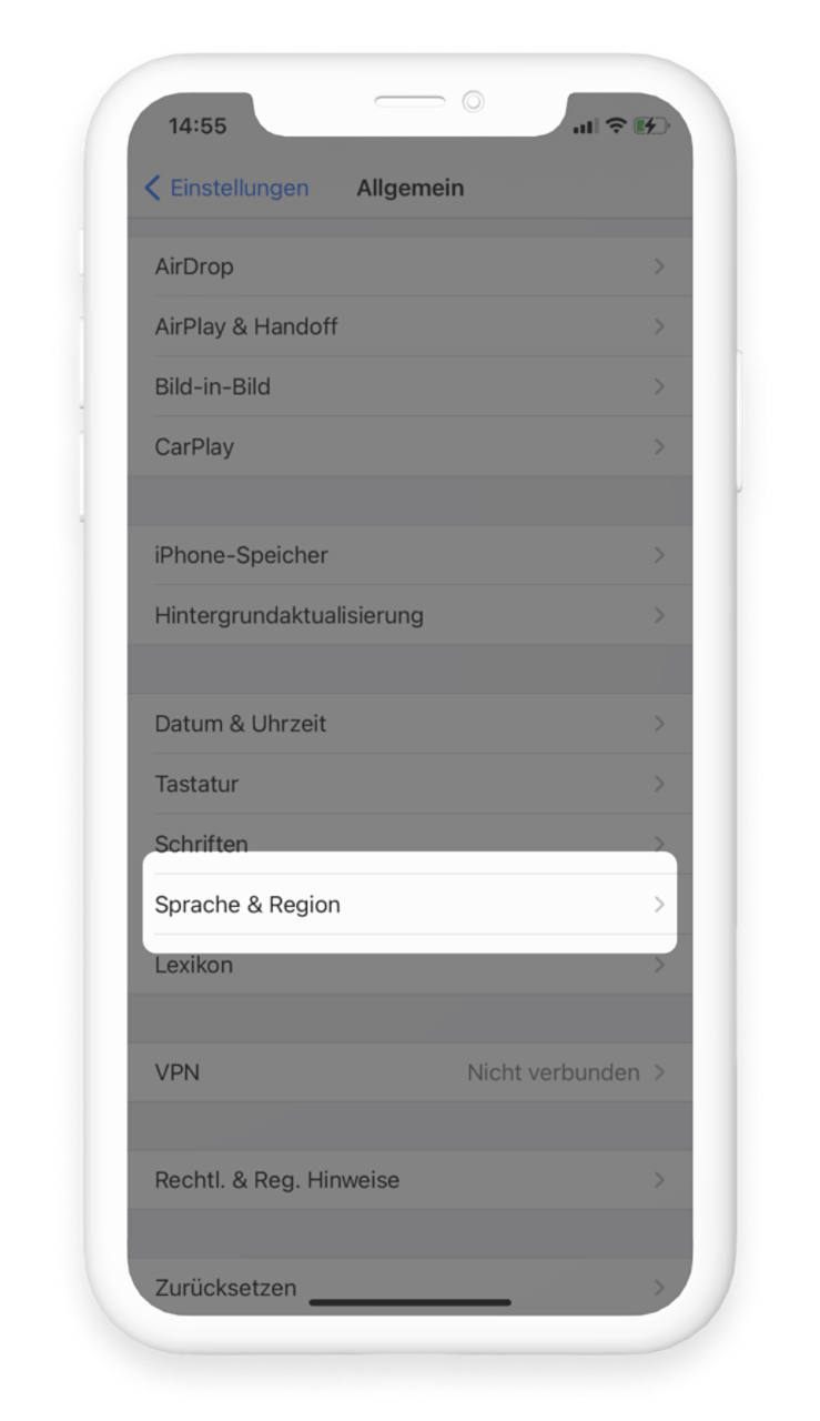 In den allgemeinen Einstellungen ist der Punkt "Sprache & Region" hervorgehoben.