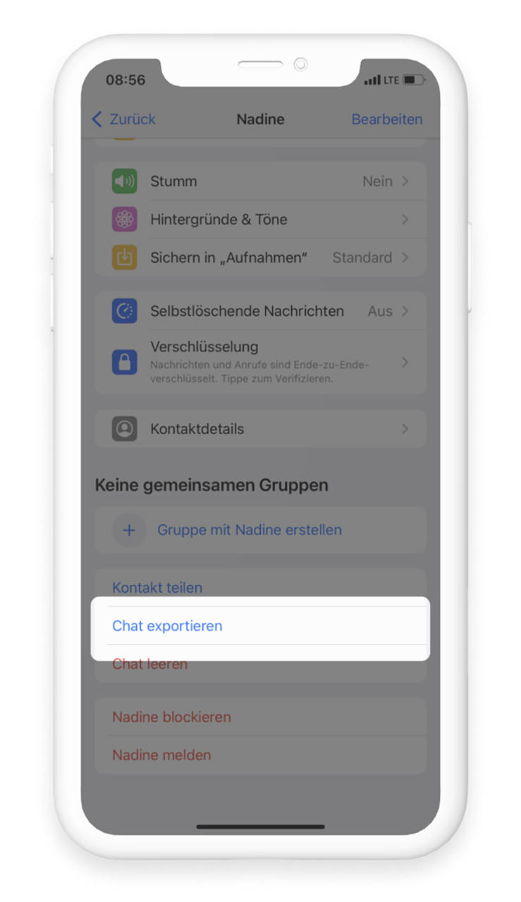 Exportieren von WhatsApp Chats ist durch das Tippen auf "Chat exportieren" umsetzbar