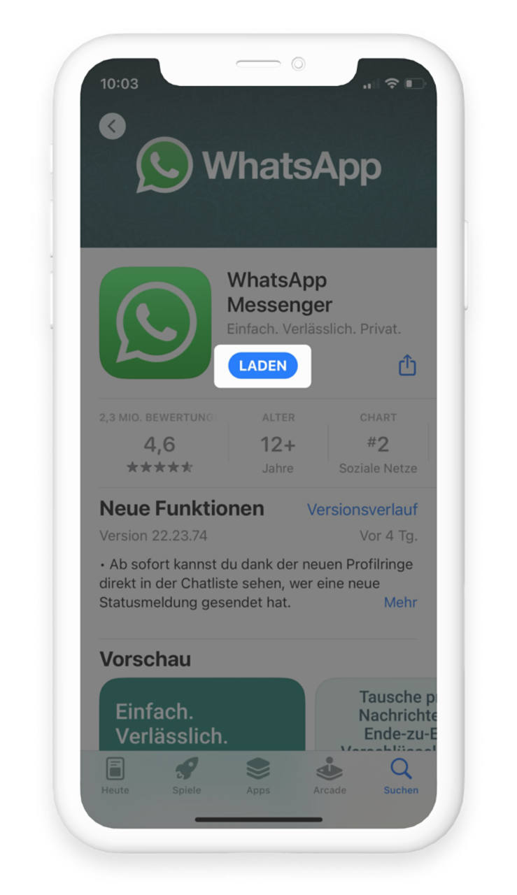 Im App Store wurde nach "WhatsApp" gesucht, das "Laden"-Feld ist hervorgehoben.