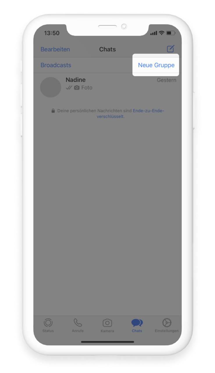 WhatsApp Gruppen über den Button "Neue Gruppe" in der Menü-Leiste erstellen