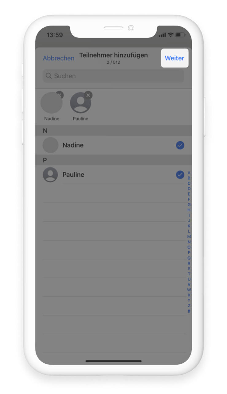 Mitglieder bei der Erstellung einer neuen WhatsApp Gruppe auswählen und "weiter" bestätigen