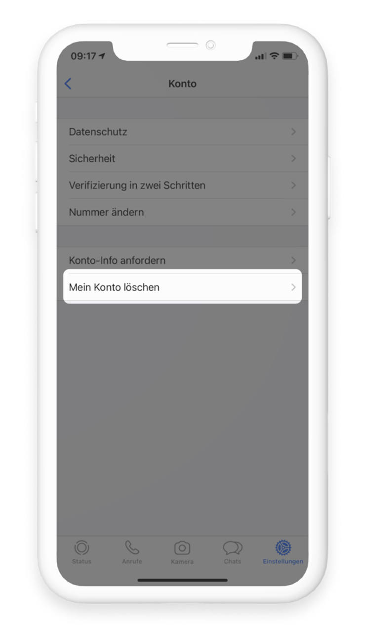 WhatsApp Bereich Einstellungen, Account, Meinen Account löschen rot umrandet