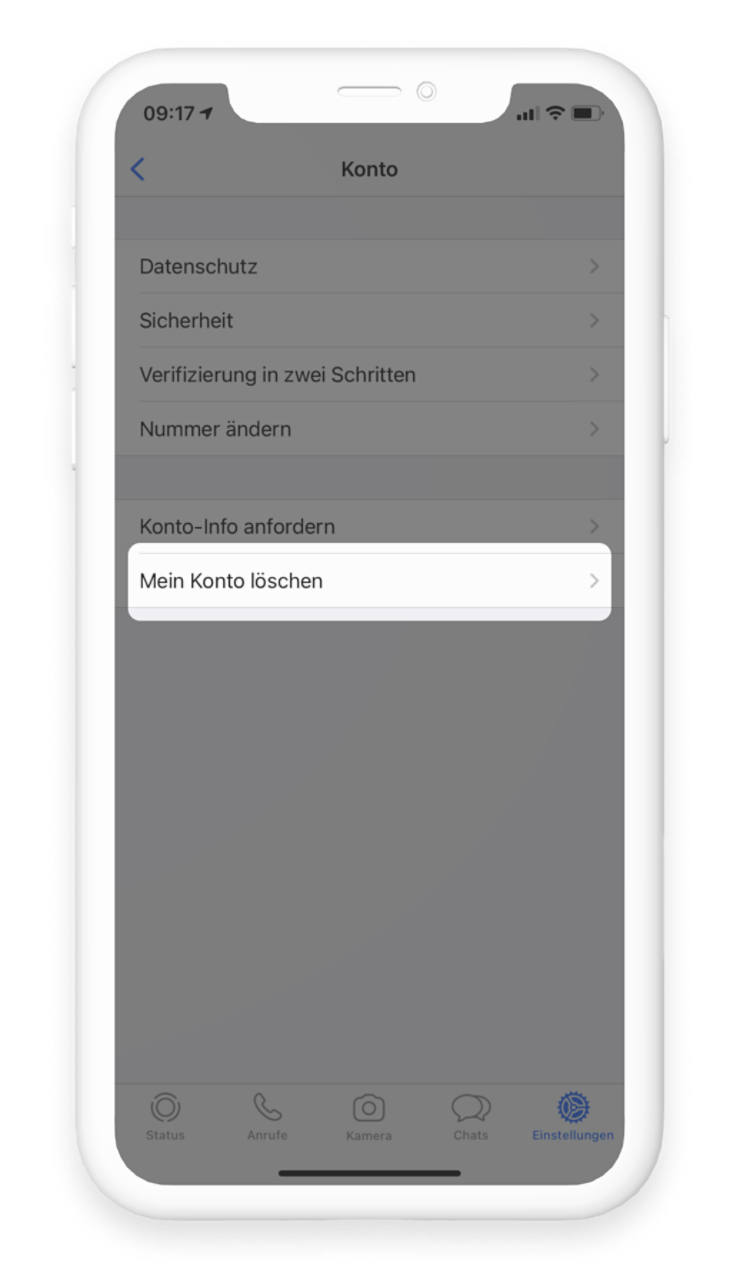 WhatsApp Bereich Einstellungen, Account, Meinen Account löschen rot umrandet