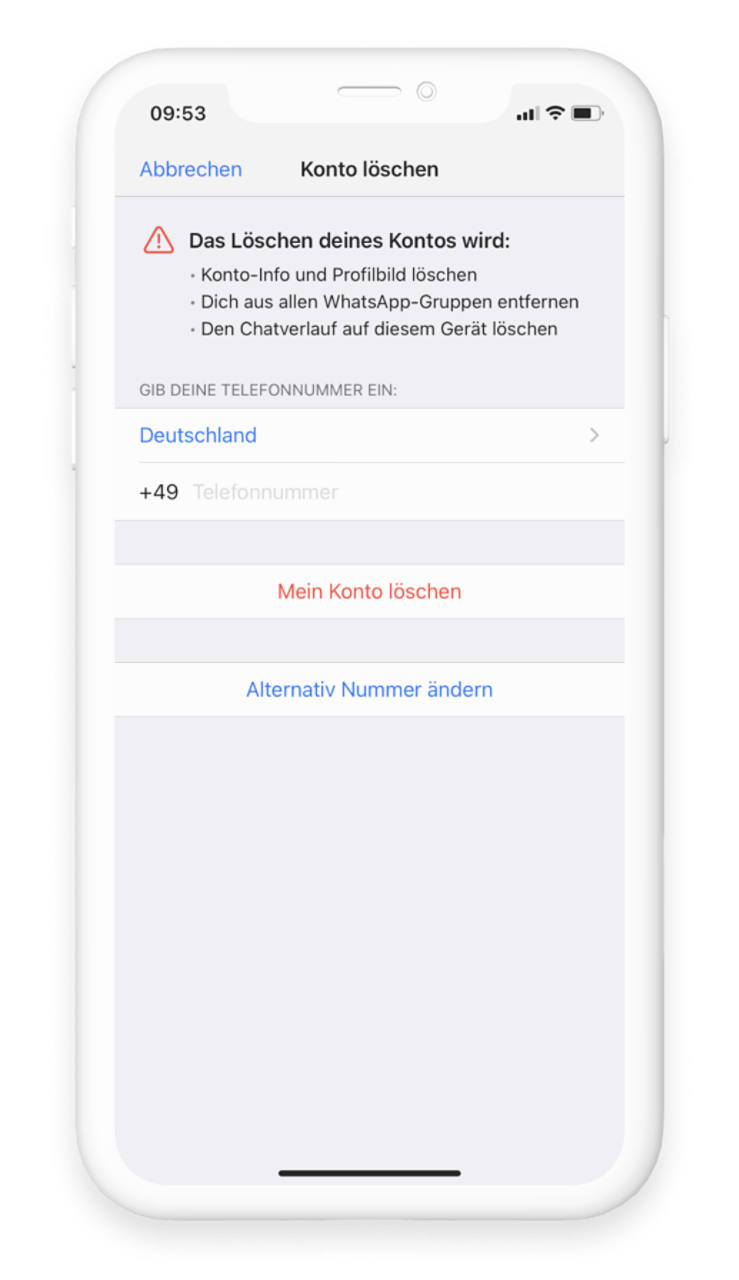 WhatsApp Bereich Account löschen, Telefonnummernfeld und Meinen Account löschen rot umrandet