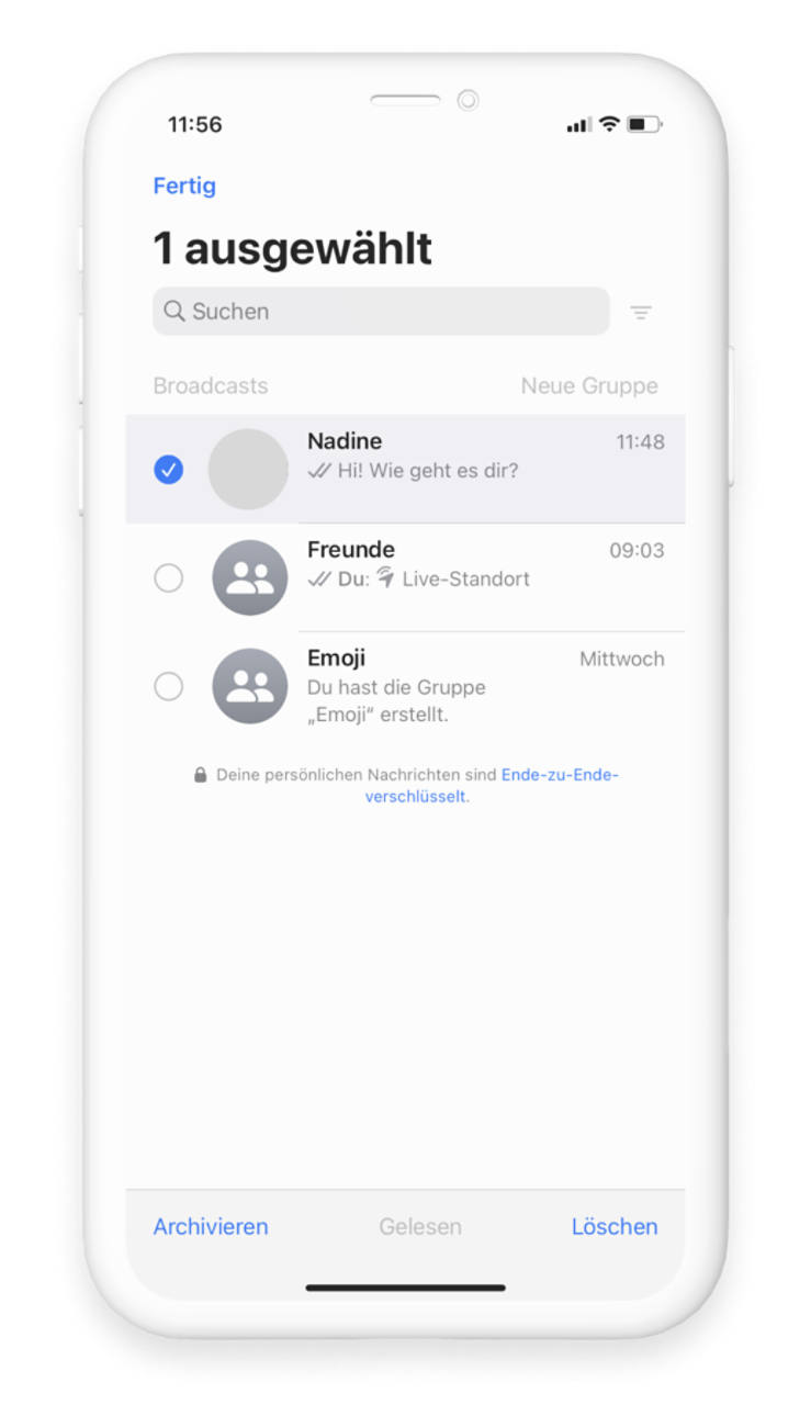 Ausgegraute WhatsApp Chat Übersicht, Pop-up zum Chat Löschen