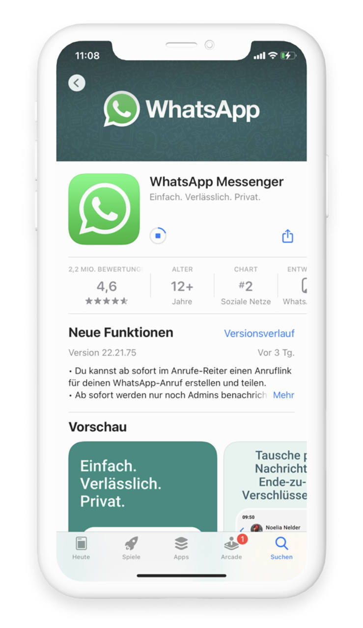 Der Download des WhatsApp Messengers aus dem Appstore kann etwas dauern