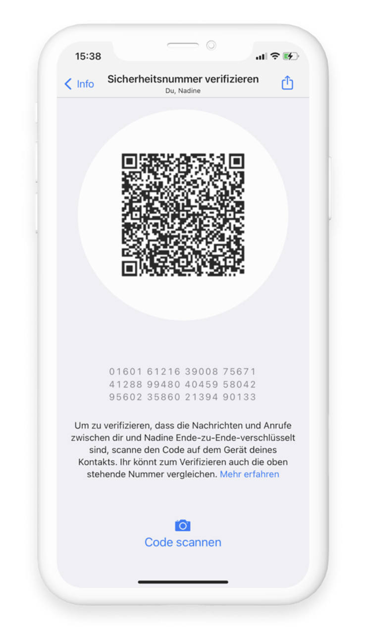 Ein Screenshot der Verschlüsselungsnummer und des QR-Codes, mit einer kurzen Anleitung.