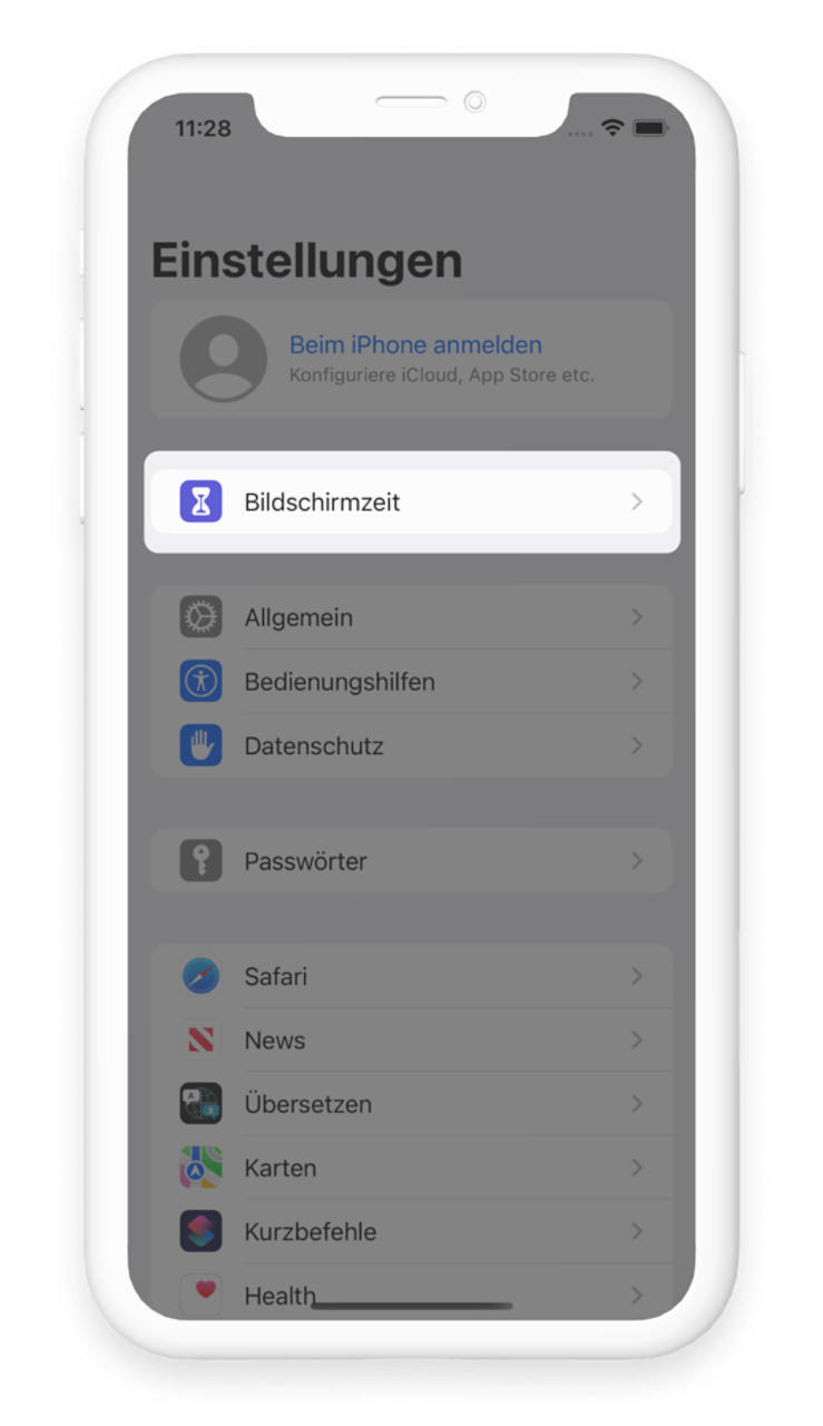 Anleitung - iPhone Einstellungen mit hervorgehobener Bildschirmzeit