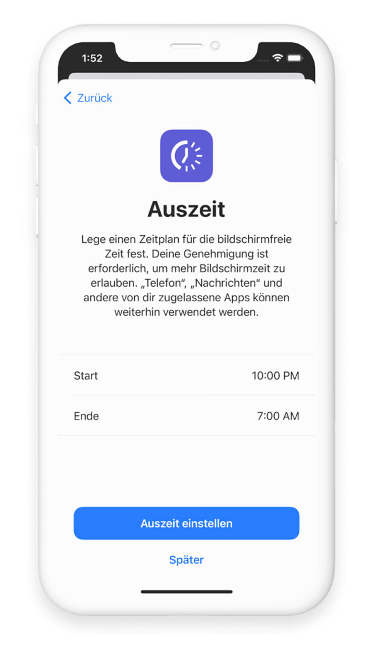 Screenshot der iOS-Einstellungen für eine Auszeit 