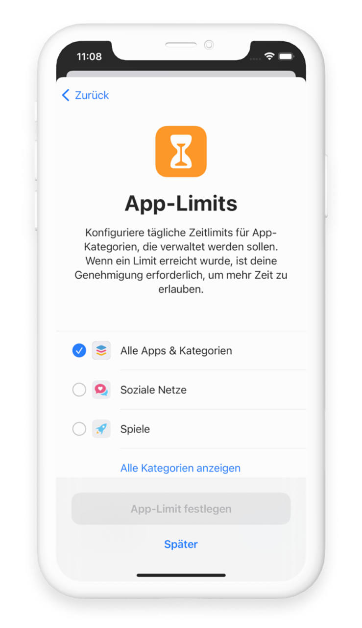 Screenshot der iOS-Einstellungen für App-Limits