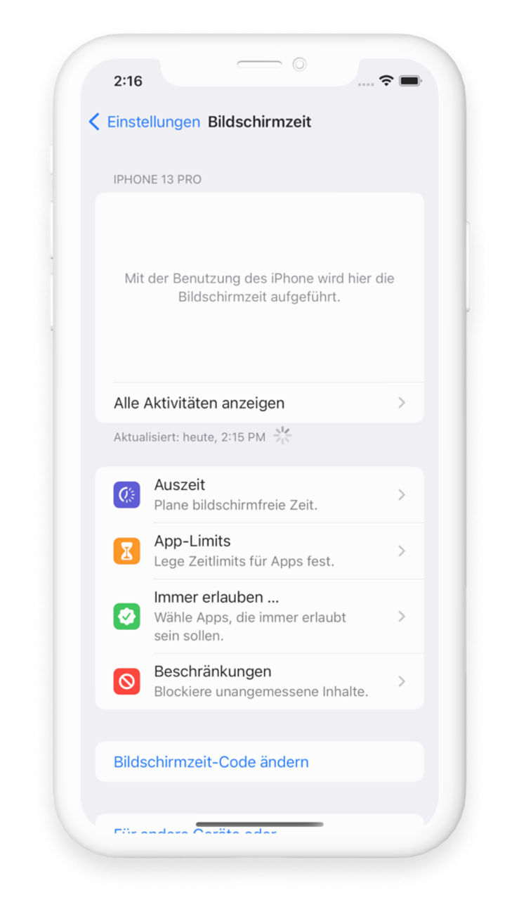 Screenshot der iOS-Einstellungen für Bildschirmzeit-Aktivitäten