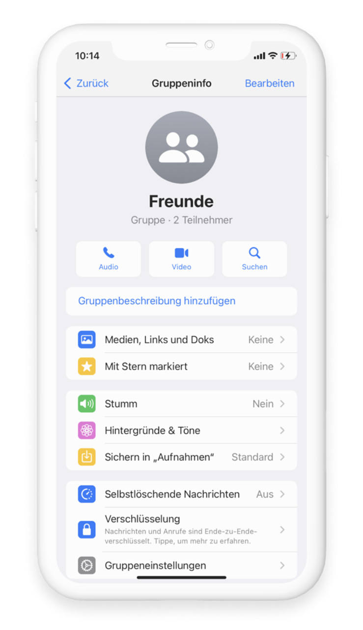 Durch das Tippen auf den Gruppennamen können die Adminrechte einer WhatsApp Gruppe verwaltet werden