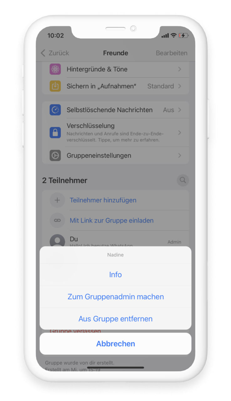 Durch das Bestätigen "Zum Admin machen" kann ein Kontakt Adminrechte für eine WhatsApp Gruppe erhalten