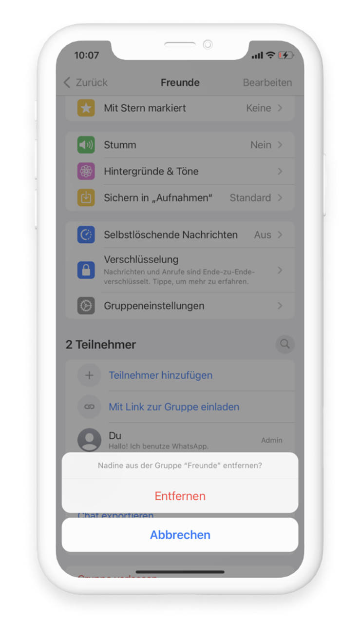 Eine abschließende Bestätigung entfernt einen Kontakt aus einer WhatsApp Gruppe