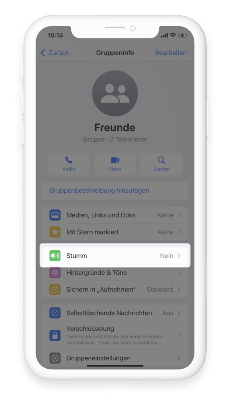 Für die Stummschaltung einer WhatsApp Gruppe muss im Gruppenmenü "Stumm" ausgewählt werden