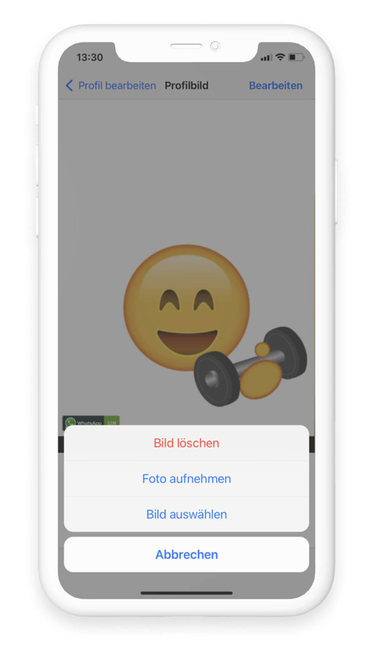 Es werden die Auswahlmöglichkeiten "Bild löschen", "Foto aufnehmen", "Bild auswählen" und "Abbrechen" angezeigt.