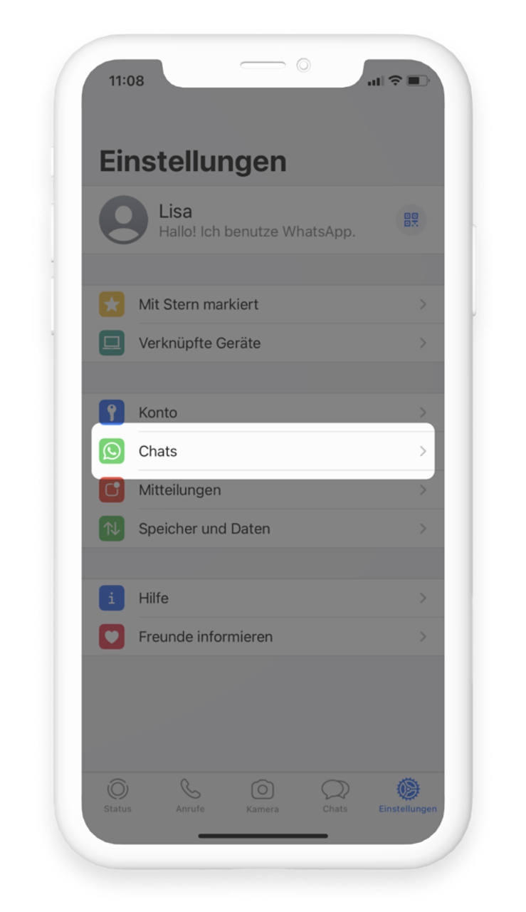 In den WhatsApp-Einstellungen ist der Punkt "Chats" hervorgehoben.