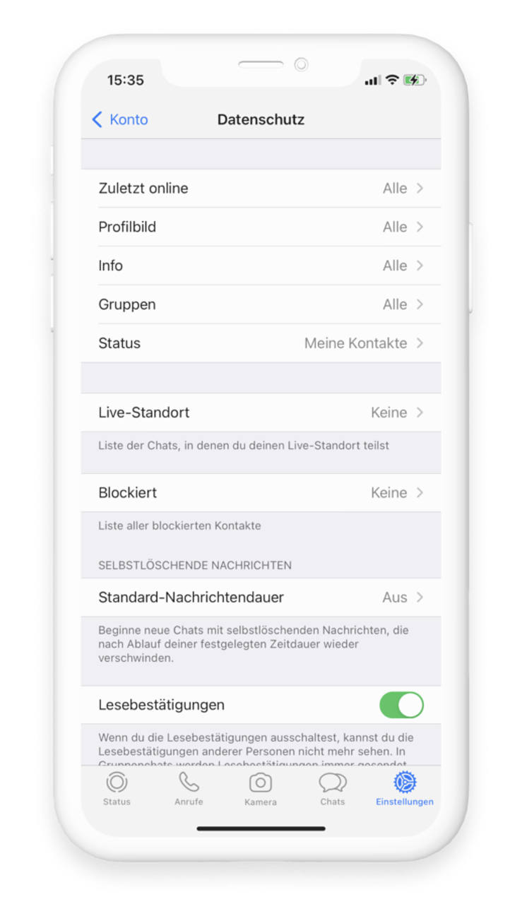 WhatsApp Account Bereich Datenschutz mit der Änderungsmöglichkeiten für die Lesebestätigung