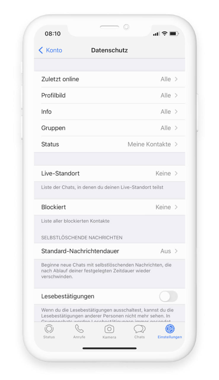 WhatsApp Übersicht Datenschutzeinstellungen für Lesebestätigungen