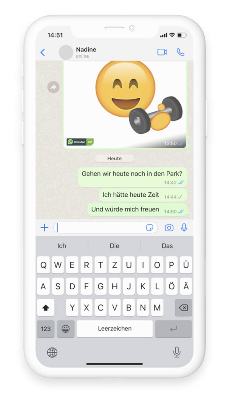 Zwei blaue Häkchen bei WhatsApp Nachricht im Gruppen-Chat stehen für eine Lesebestätigung durch alle Teilnehmer