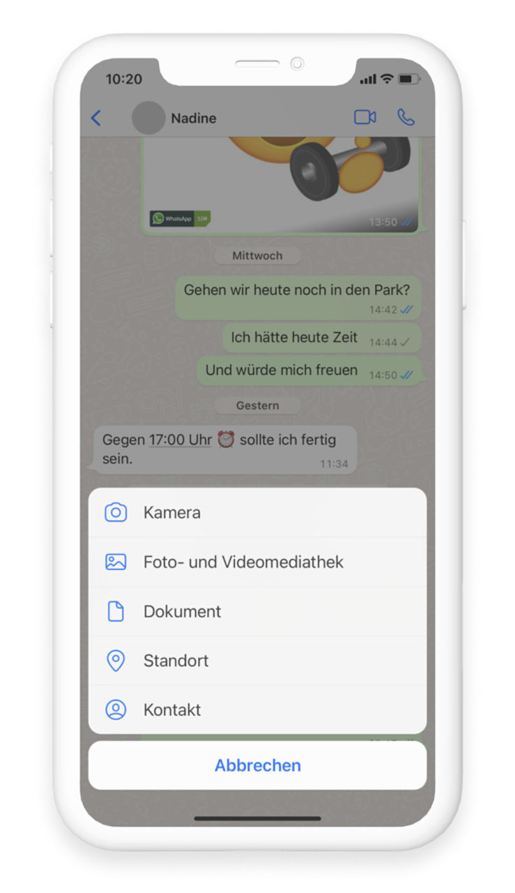 WhatsApp Chat Fenster, Pop-up Fenster offen mit Versandoptionen von verschiedenen Medien