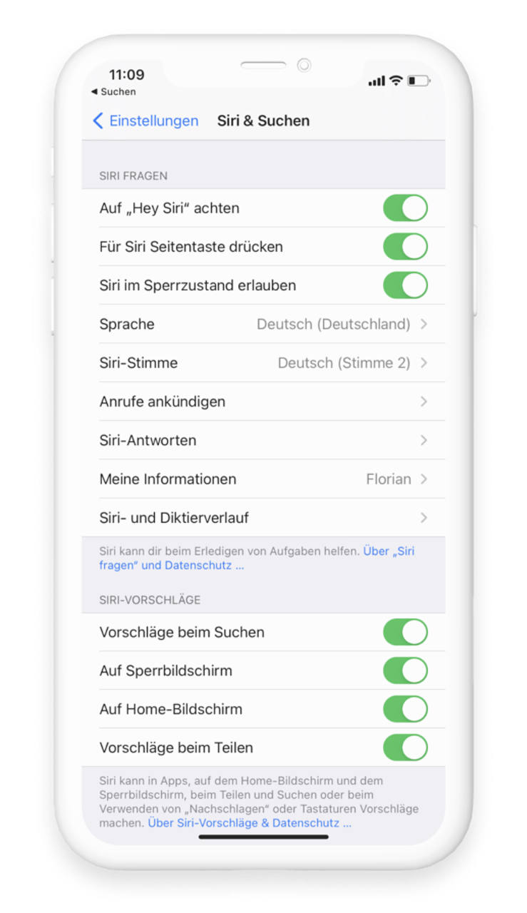 In den Einstellungen unter "Siri & Suchen" sind Siri und ihre verschiedenen Funktionen aktiviert.