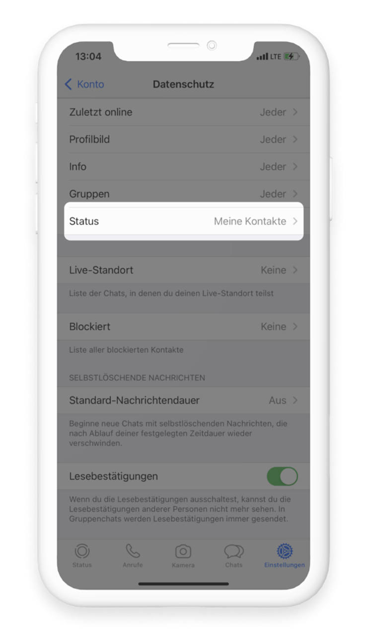 Die Sichtbarkeit des Status in WhatsApp kann unter "Status" festgelegt werden