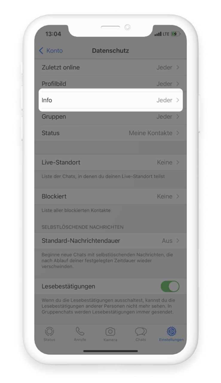 Unter "Info" lässt sich die Sichtbarkeit der eigenen Informationen in WhatsApp bestimmen