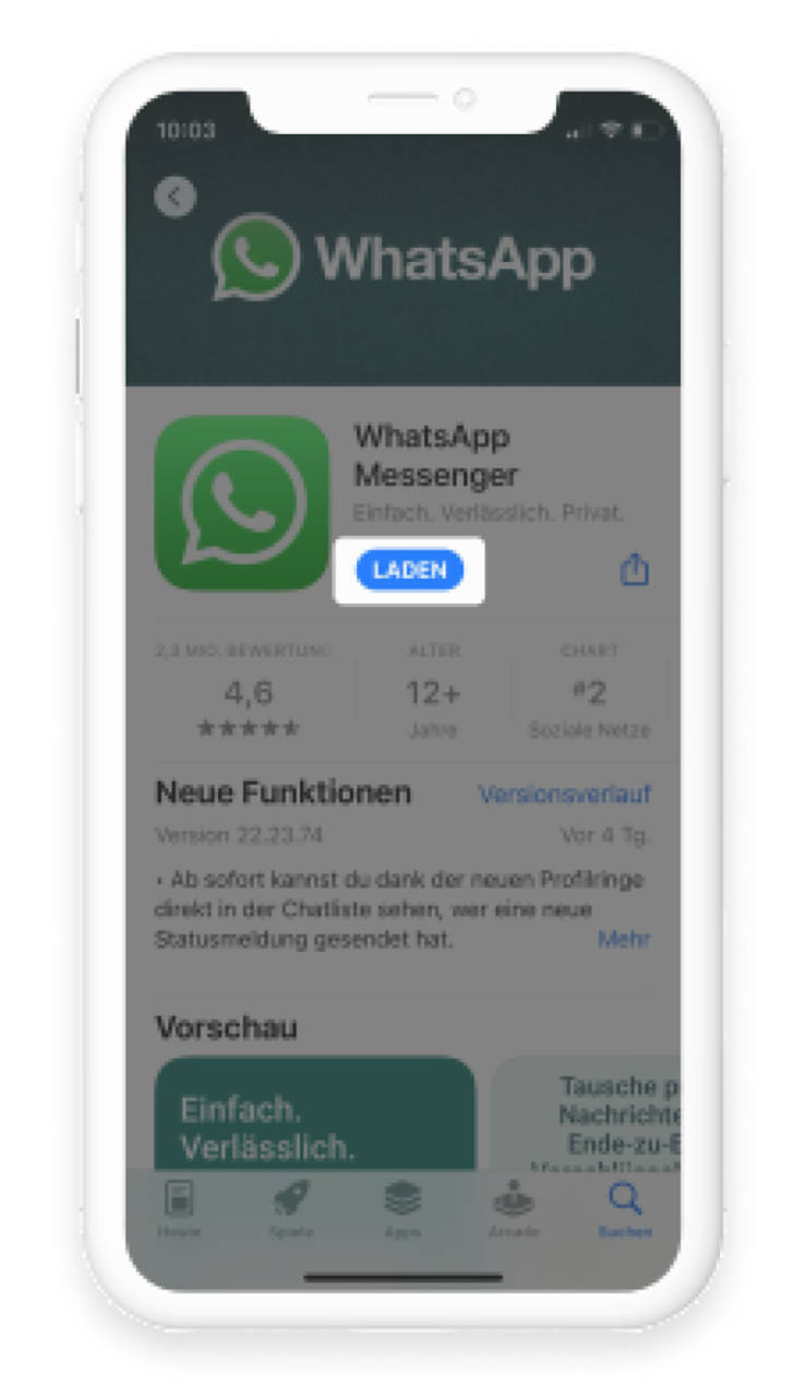 WhatsApp Messenger im App Store, "Laden"-Button hervorgehoben