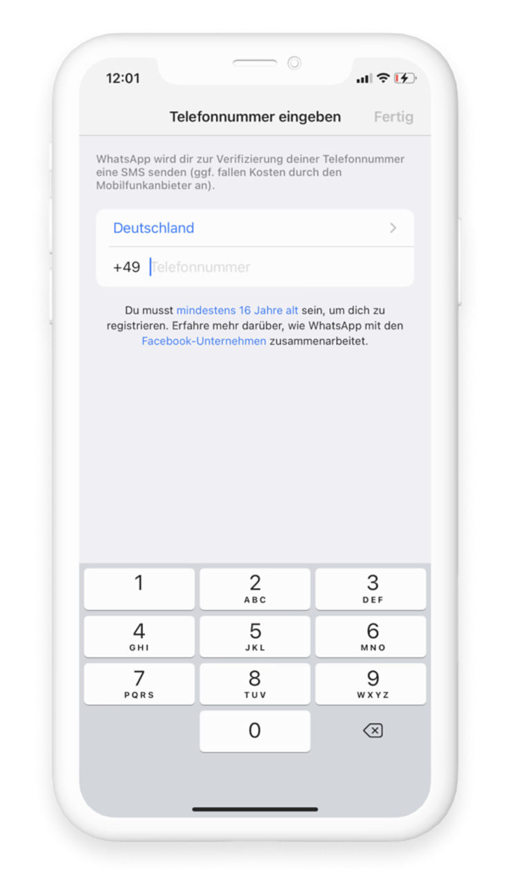 Anmeldung auf WhatsApp durch das Eingeben der Handynummer und Ländererkennung
