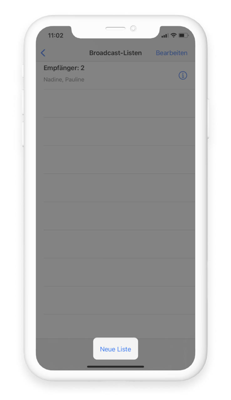 WhatsApp Broadcast-Listen, Neue Liste unten im Bild rot umrandet