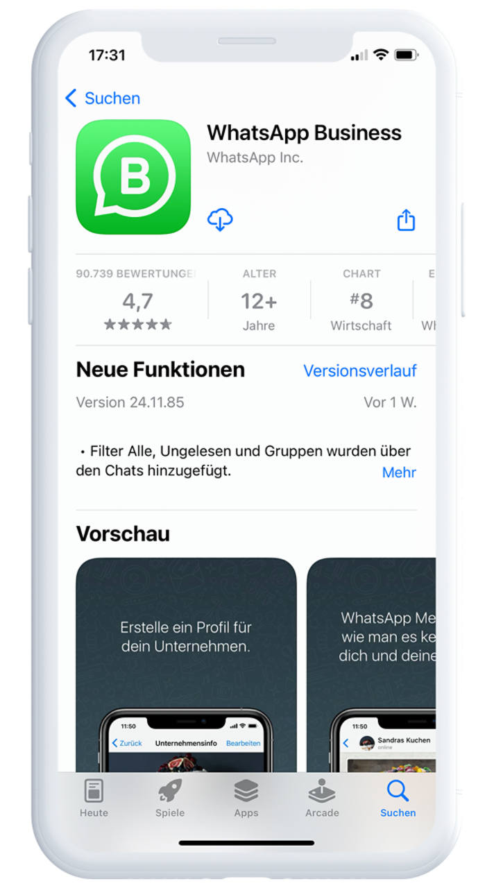 1. Rufe den App Store auf und suche nach „Whatsapp Business“ und starte den Download durch den Klick auf „Laden“