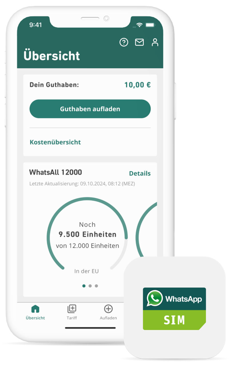 Screenshots der WhatsApp SIM App mit Tarifübersicht 